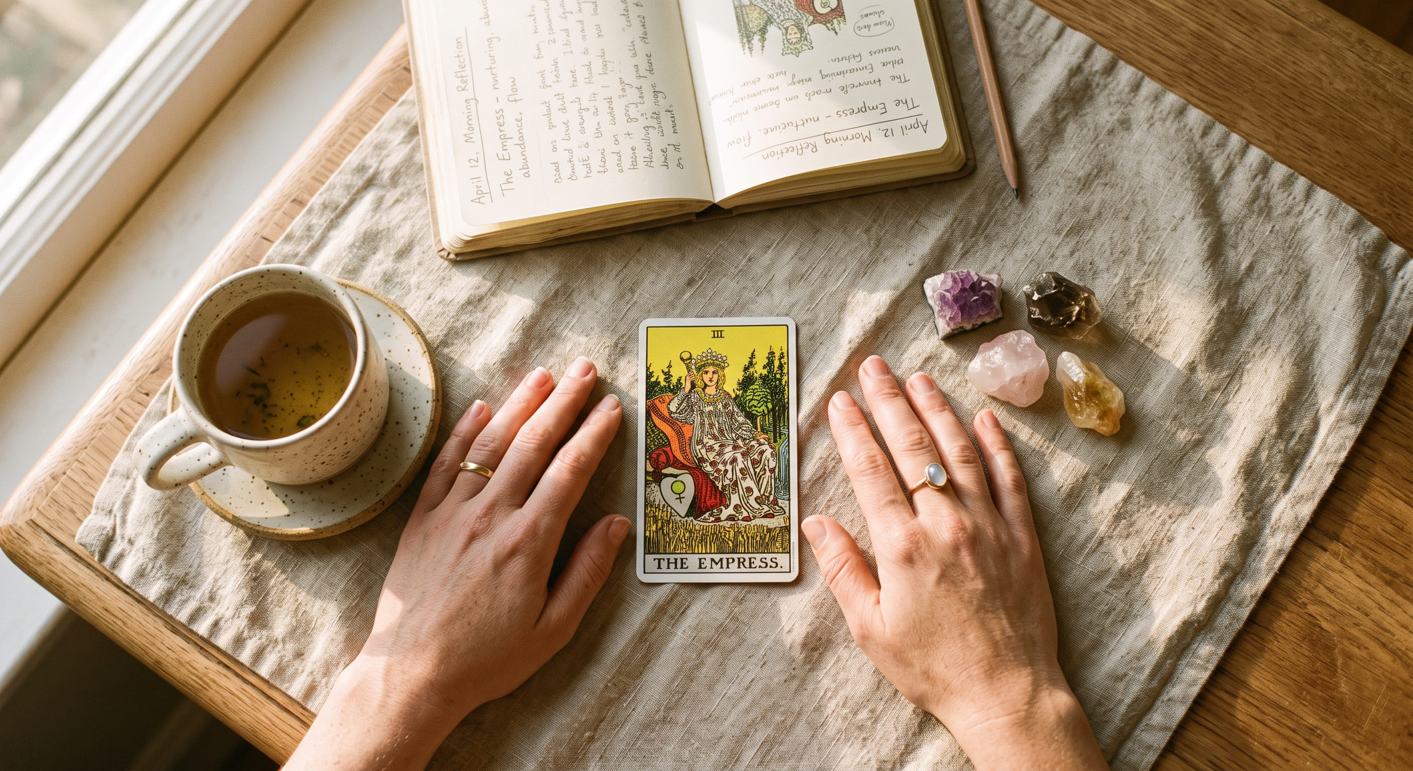 Hands intuitively reading a tarot card on a linen cloth in warm morning light